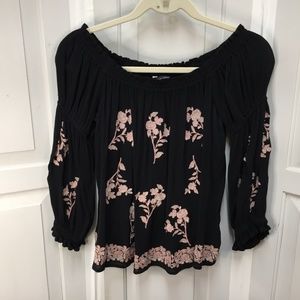 American Eagle Black Boho Embroidered Off the Shoulder Top